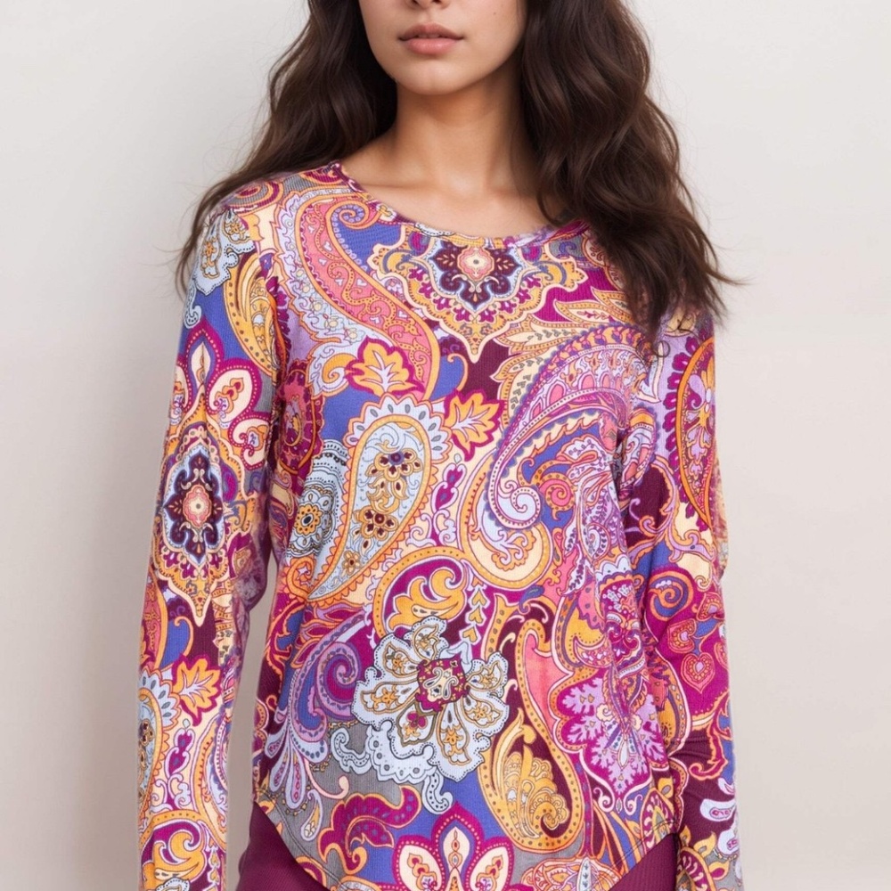 Johnny Was Active Ribbed Long Sleeve paisley Tee Top R$175 Size Small